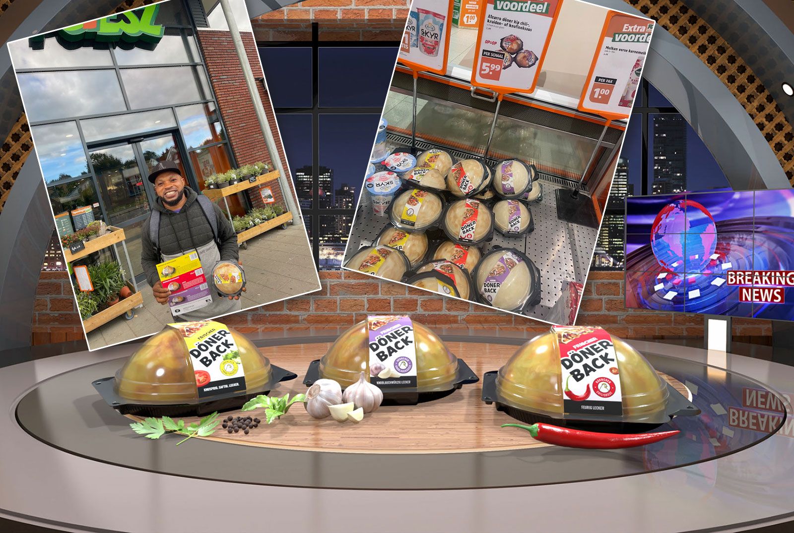 Dönerback auf einer Bühne mit Breaking News